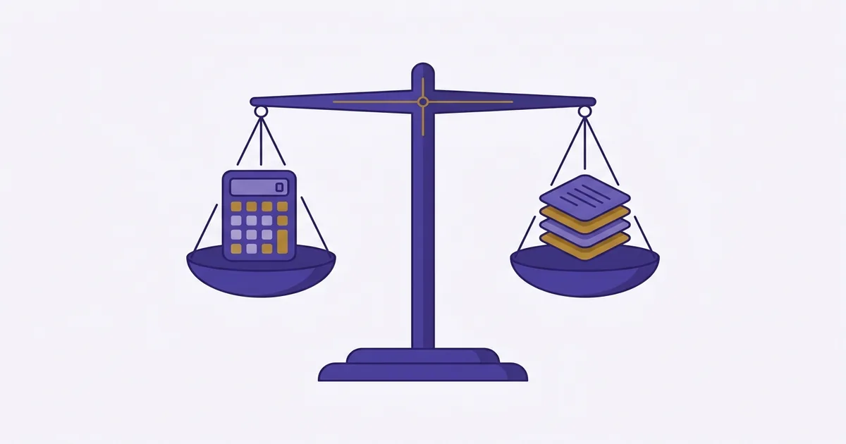 A balance scale weighing a calculator icon against a database icon