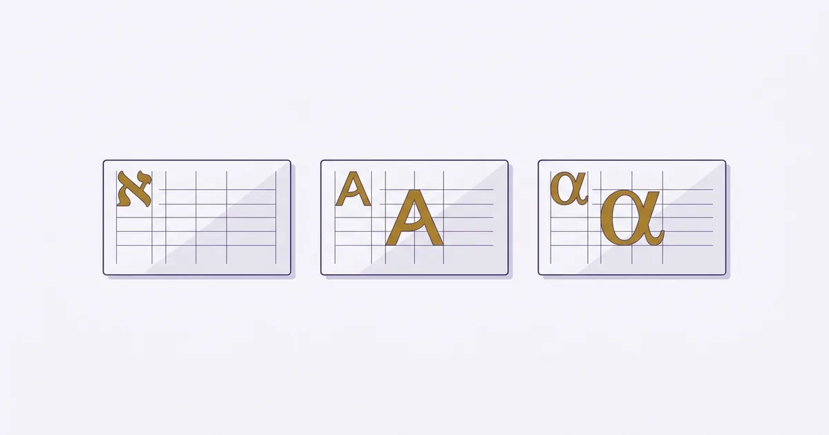 Three reference chart cards labeled for Hebrew, English and Greek gematria systems