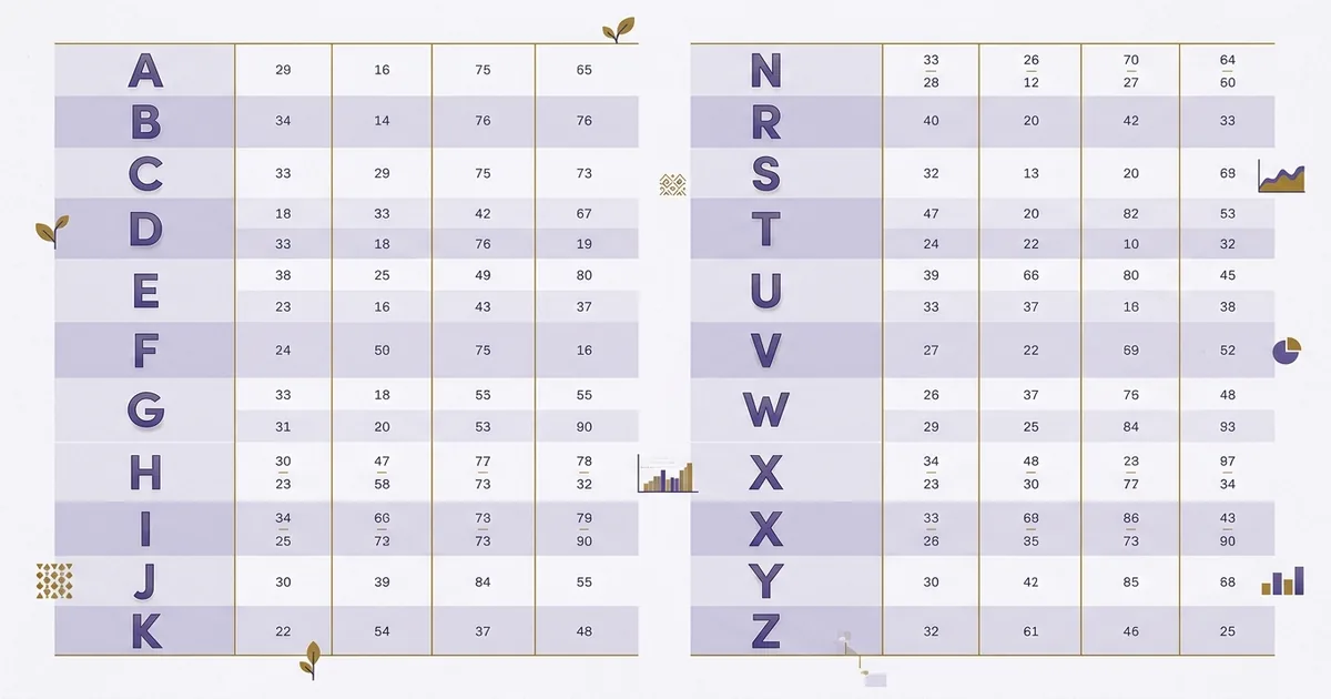 Spreadsheet-style chart of the alphabet A to Z with five numeral columns for different gematria ciphers