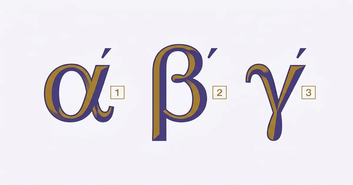 Three Greek letters alpha, beta and gamma in an inscription-style layout with their numeral values 1, 2 and 3