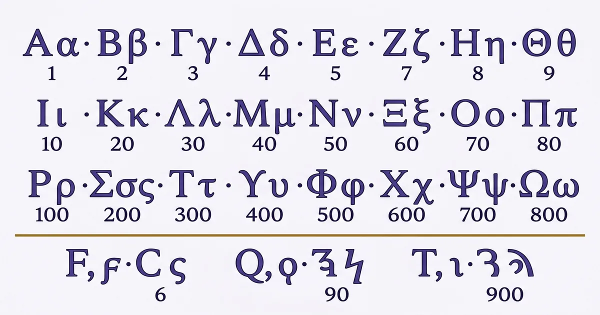 Complete Greek alphabet reference chart with numeral values, archaic letters digamma, qoppa and sampi set apart