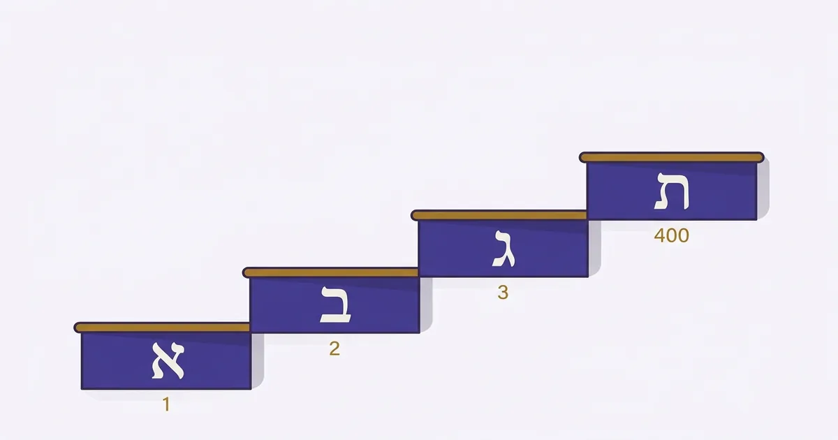 Four Hebrew letters aleph, bet, gimel and tav shown on an ascending staircase with their numeral values 1, 2, 3 and 400