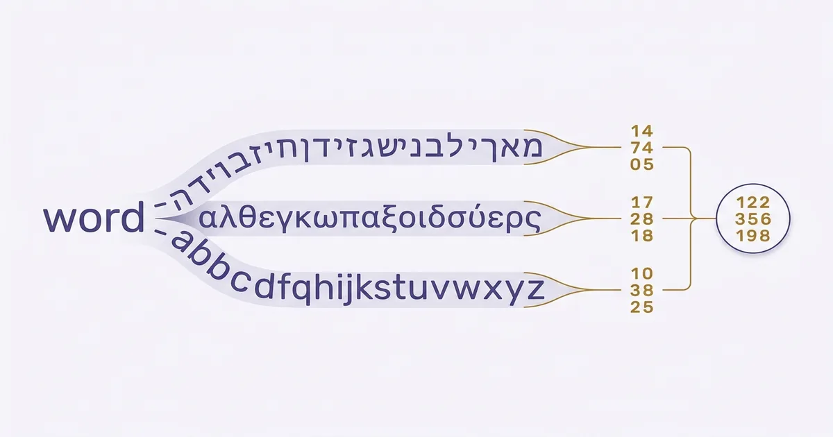 Diagram showing a word splitting into Hebrew, Greek and Latin letter streams that convert into numeral totals